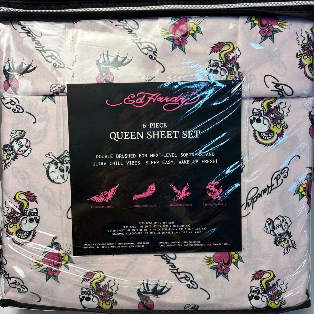 ED HARDY Queen Pink Sheet Set 6pc New Flowers Skull Roses Heart Grunge Y2K